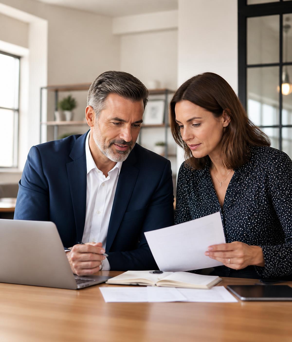 Two business professionals reviewing documents together in a bright office