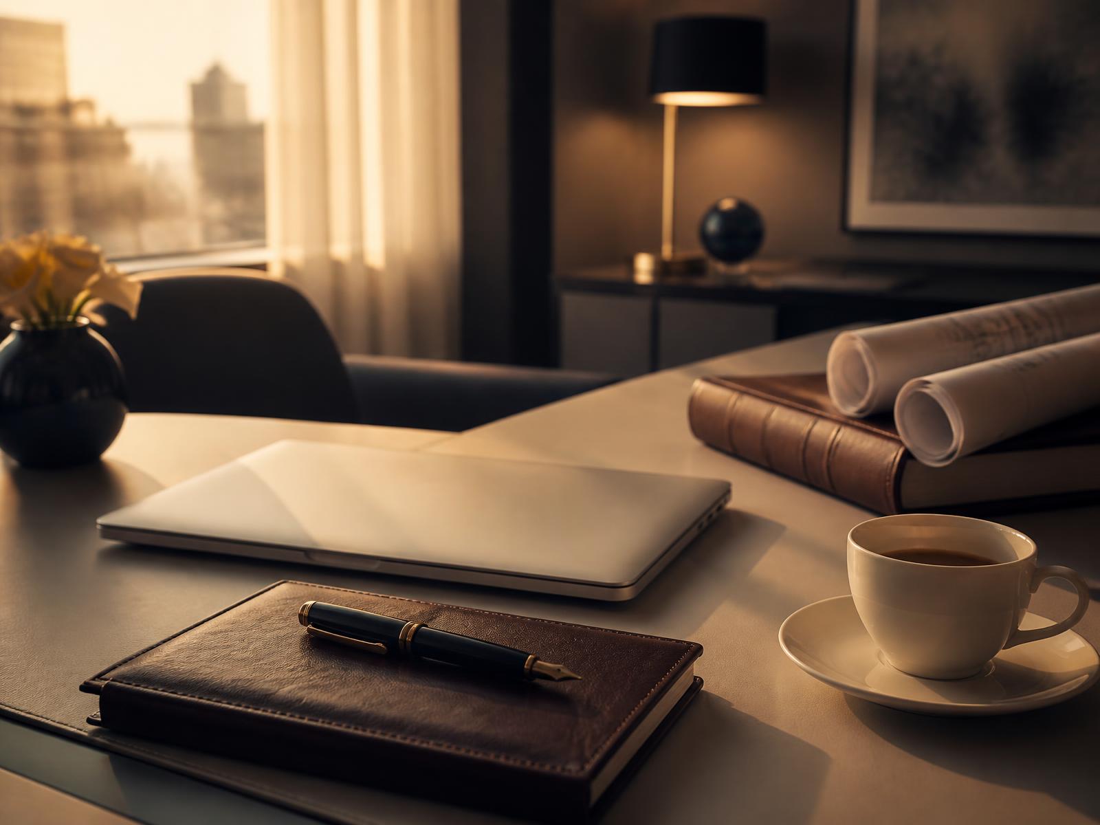Modern office desk with laptop, leather notebook, coffee, and rolled plans at golden hour
