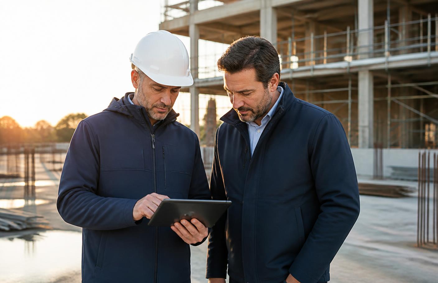 Contractor and project manager reviewing plans on a tablet at a construction site